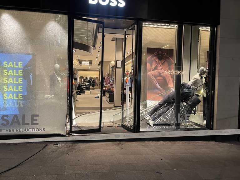 Extensive damage to Hugo Boss on Grafton Street after break in last night Extensive damage to Hugo Boss on Grafton Street after break in last night